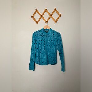 Women’s Akhesa Black Mesh Blue Leather Fitted Moto Jacket SZ M